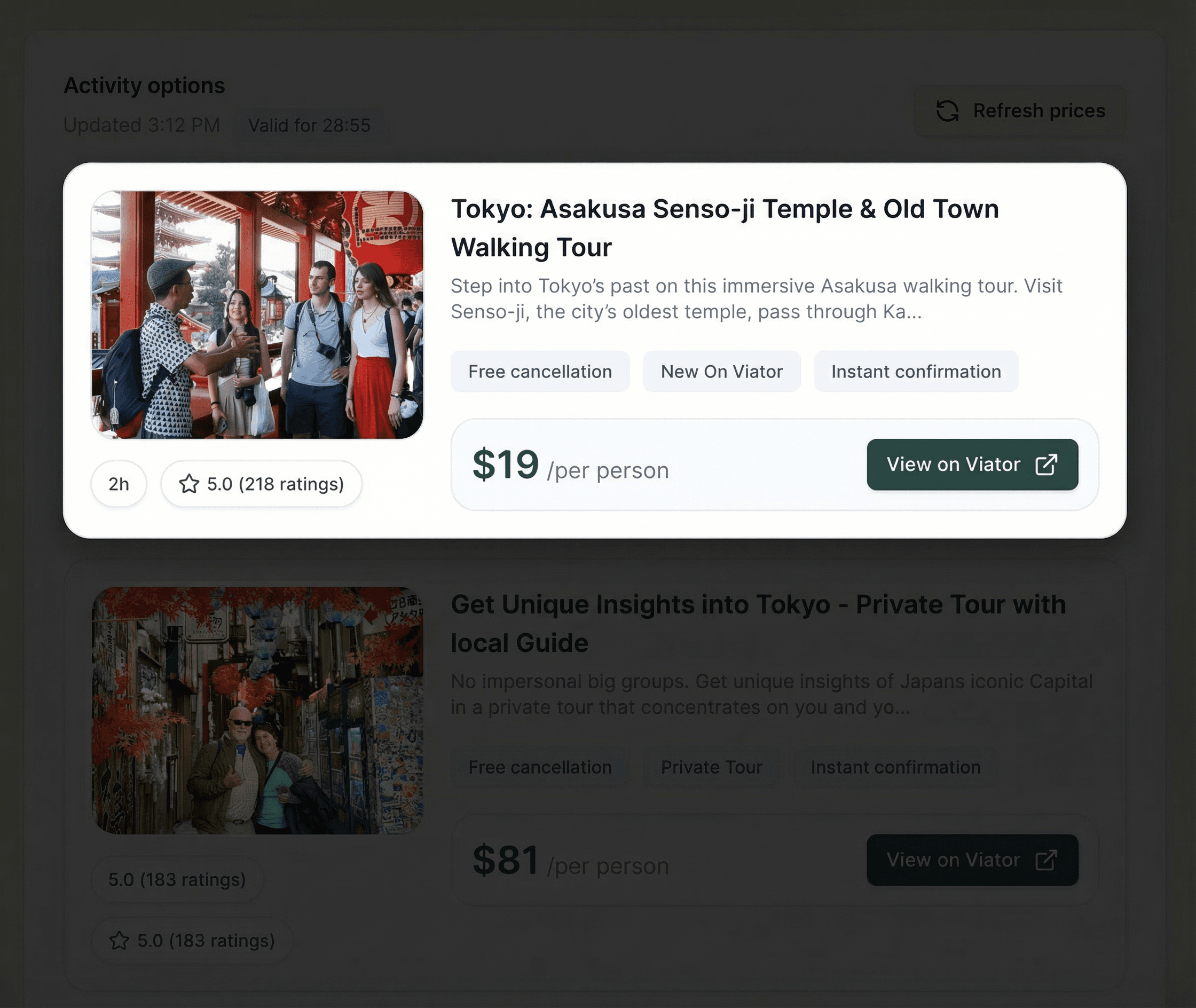 Activity options list with ratings and pricing